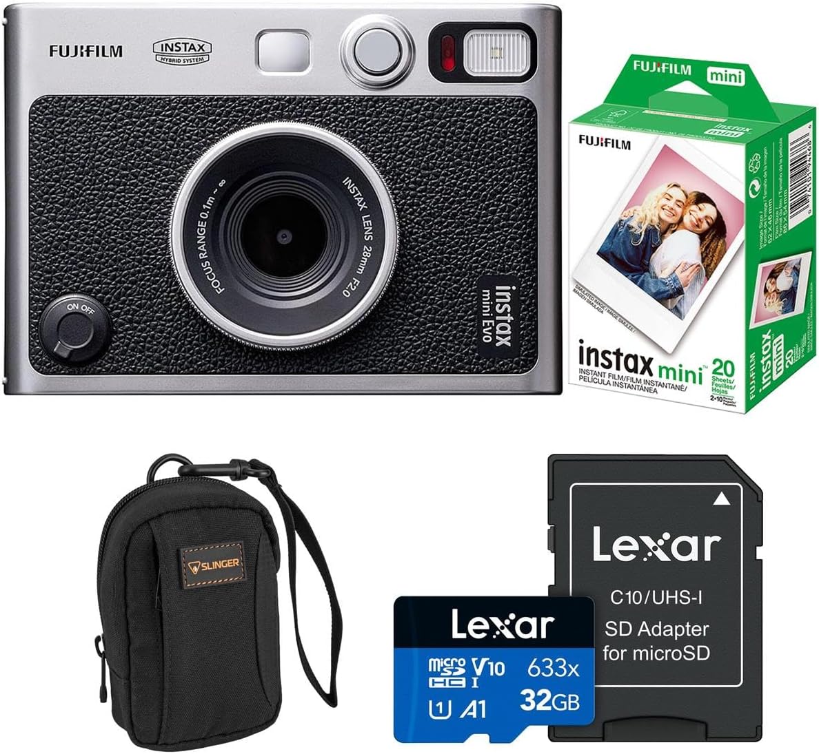 Instax Mini Evo Instant Film Camera + Fujifilm Instax mini Instant Daylight Film 20 Exposures + Slinger Camera Bag + Micro Memory Card with SD Adapter (Essentials Kit, Black)
