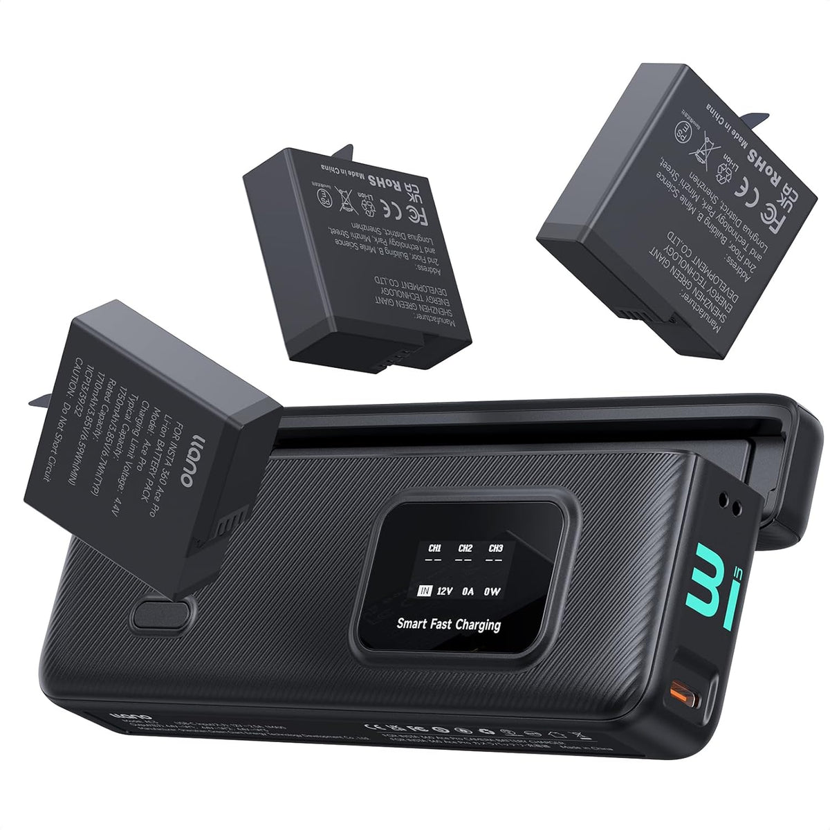 AC3 30W Fast Camera Battery Charger Hub with 3 Pack 1750mAh Replacement Ace Pro 2 Batteries for Insta360 Ace Pro 2/AcePro/Ace Action Camera, Triple Slot PD Charging, LED Display