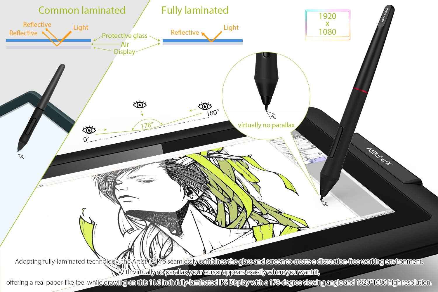 Artist12 Pro 11.6" Drawing Tablet with Screen Pen Display Full-Laminated Graphics Tablet and XPPen 3-in-1 Cable