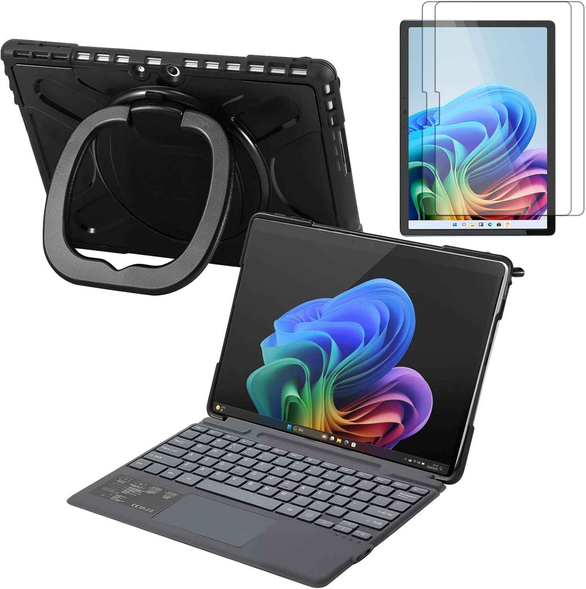Surface Pro 11 Case with Keyboard, Screen Protector Set 13-inch 2025, Shockproof Cover for Microsoft Surface Pro 9/10/11 with Rotatable Grip/Stand, Wireless Touchpad Type Cover Keyboard-Black