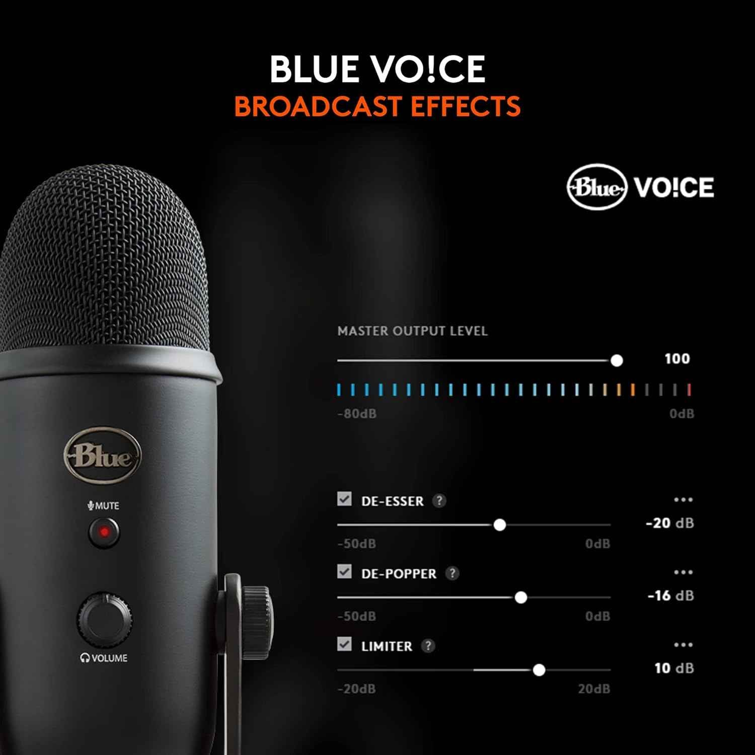 Logitech Creators Blue Yeti USB Microphone for PC, Mac, Gaming, Recording, Streaming, Podcasting, Studio and Computer Condenser Mic with Blue VO!CE effects, 4 Pickup Patterns, Plug and Play - Blackout