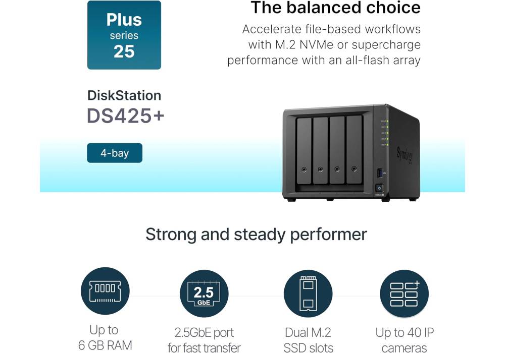 Synology DiskStation DS425+ 4-Bay Diskless NAS | Intel Celeron J4125 Quad-Core | 2GB DDR4 | 1x 2.5GbE LAN | 2x M.2 NVMe SSD Slots