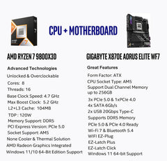 AMD Ryzen 7 9800X3D CPU Processor with GIGABYTE X870E AORUS Elite WIFI7 AM5 Motherboard (ATX, DDR5, 4X M.2, PCIe 5.0, USB4)