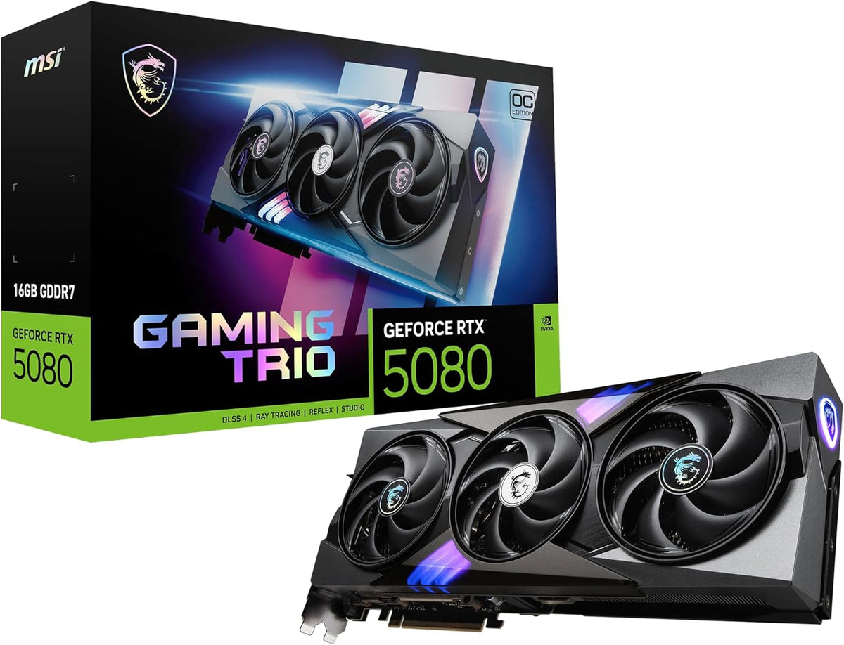 Gaming RTX 5080 16G Gaming Trio OC Graphics Card (16GB GDDR7, 256-bit, Extreme Performance: 2715 MHz, DisplayPort x 3 2.1a, HDMI 2.1b, NVIDIA Blackwell Architecture)