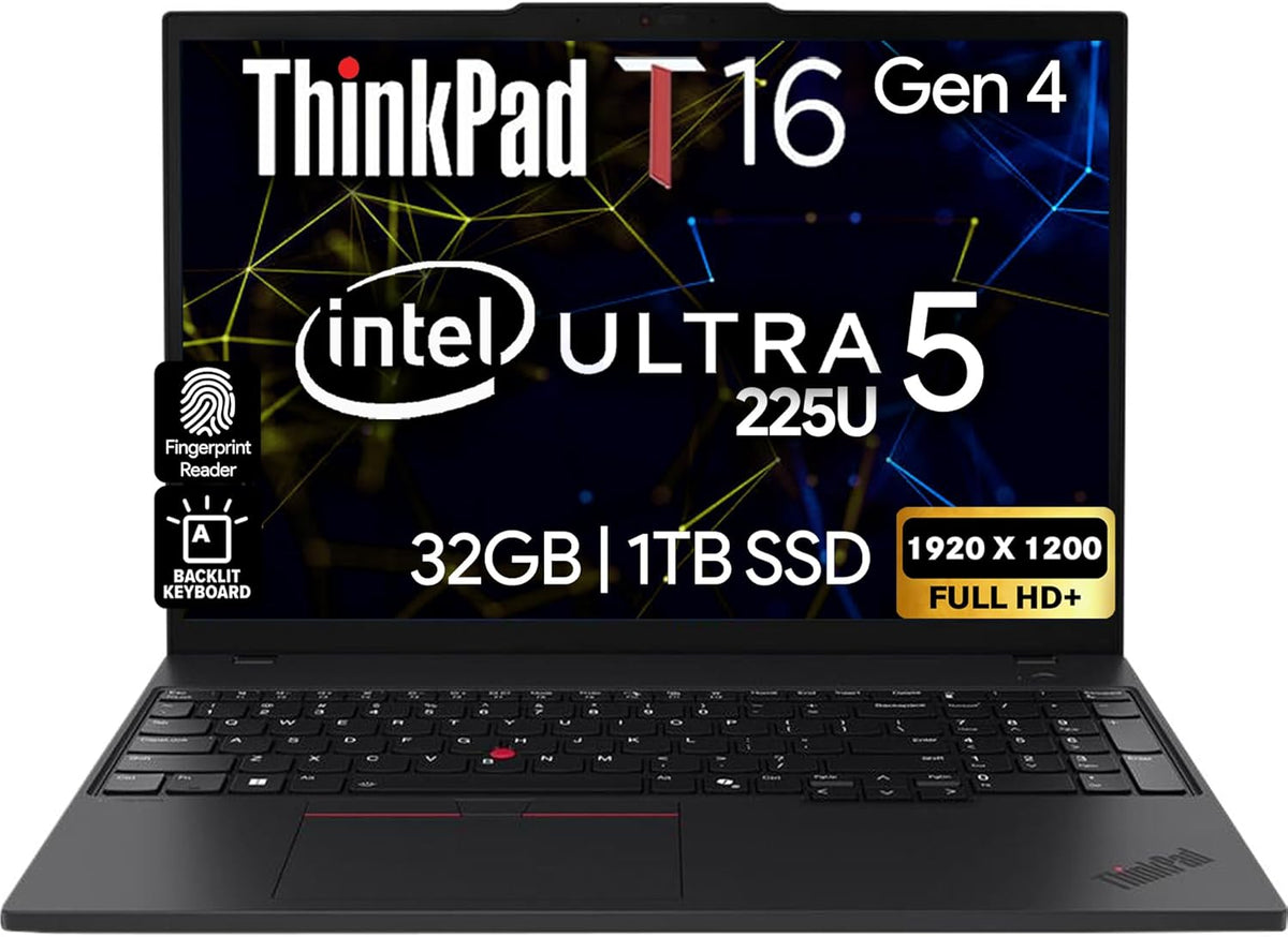 Lenovo ThinkPad T16 Gen 4 16” WUXGA IPS Display, Intel Ultra 5-225U (Beats i7-1355U), 32GB DDR5, 1TB NVMe, Webcam, WiFi 6E + BT, RJ-45, Backlit KB, FP Reader, W11P, Business Laptop