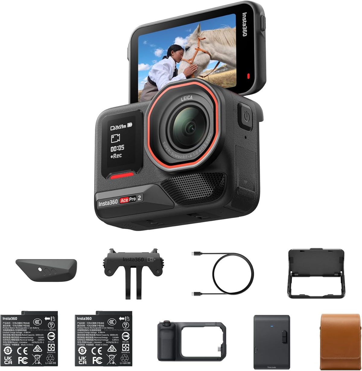 Ace Pro 2 Flash Print Bundle - 8K Waterproof Action Camera Co-Engineered with Leica, 1/1.3" Sensor, Dual AI Chip, Leading Low Light, Xplorer Grip Pro Kit for Street Photography