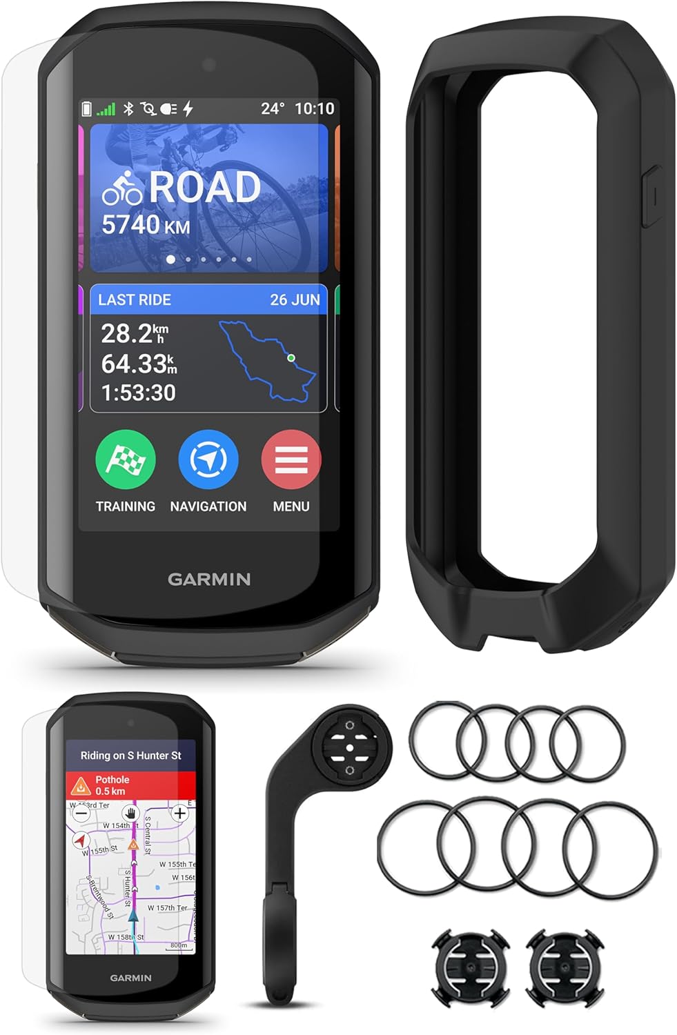 Garmin Edge 1050 Premium Cycling Computer Bundle - Color Touchscreen, Built-in Speaker, Training & Group Ride, Road Alerts with PlayBetter Silicone Case (Black), Screen Protectors, Tether & More