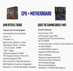 AMD Ryzen 5 7600X CPU Processor with ASUS TUF Gaming B850-E WiFi ATX Motherboard (DDR5, PCIe 5.0, Wi-Fi 6E, USB 20Gbps Type-C)