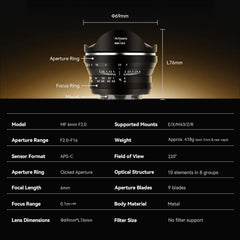 6mm F2.0 APS-C Fisheye Ultra Wide Angle 220° Manual Focus Prime Lens Compatiable for Nikon Z Mount Mirrorless Cameras Zfc Z50 Z30