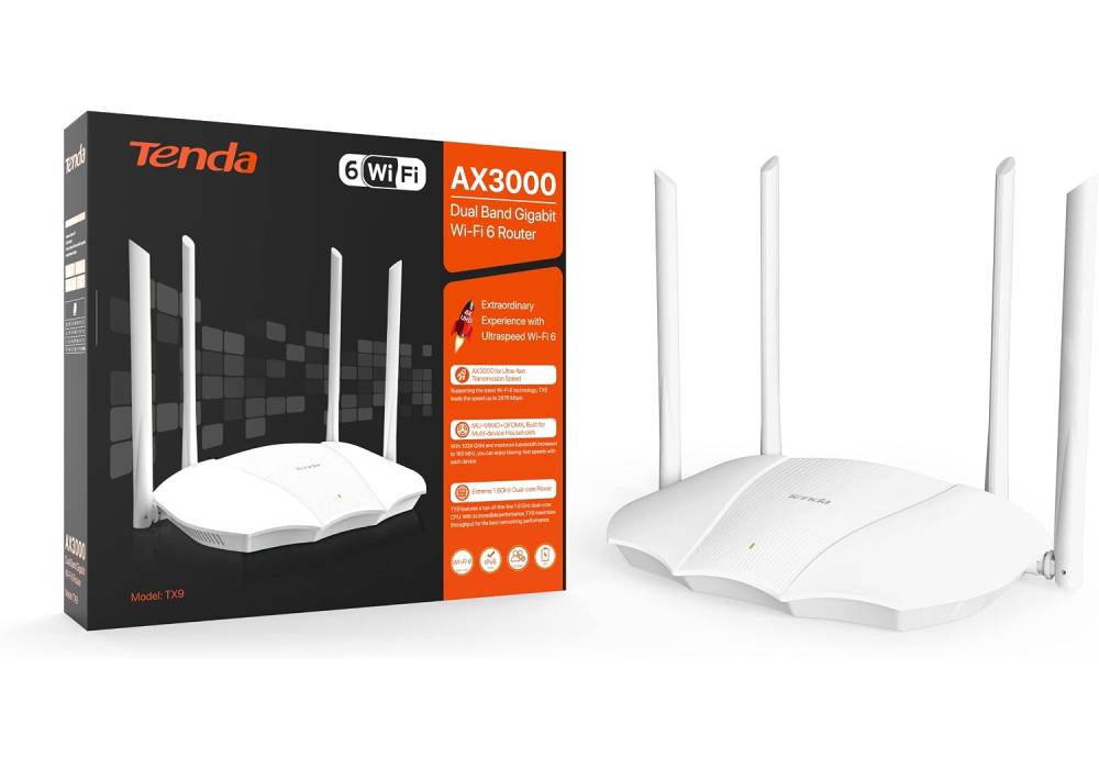 Tenda TX9 – AX3000 Dual‑Band Gigabit Wi‑Fi 6 Router, 2976Mbps, Dual‑Core 1.6GHz CPU, 4×6dBi Antennas, MU‑MIMO & OFDMA, 160MHz Bandwidth, WPA3 Security, IPv6