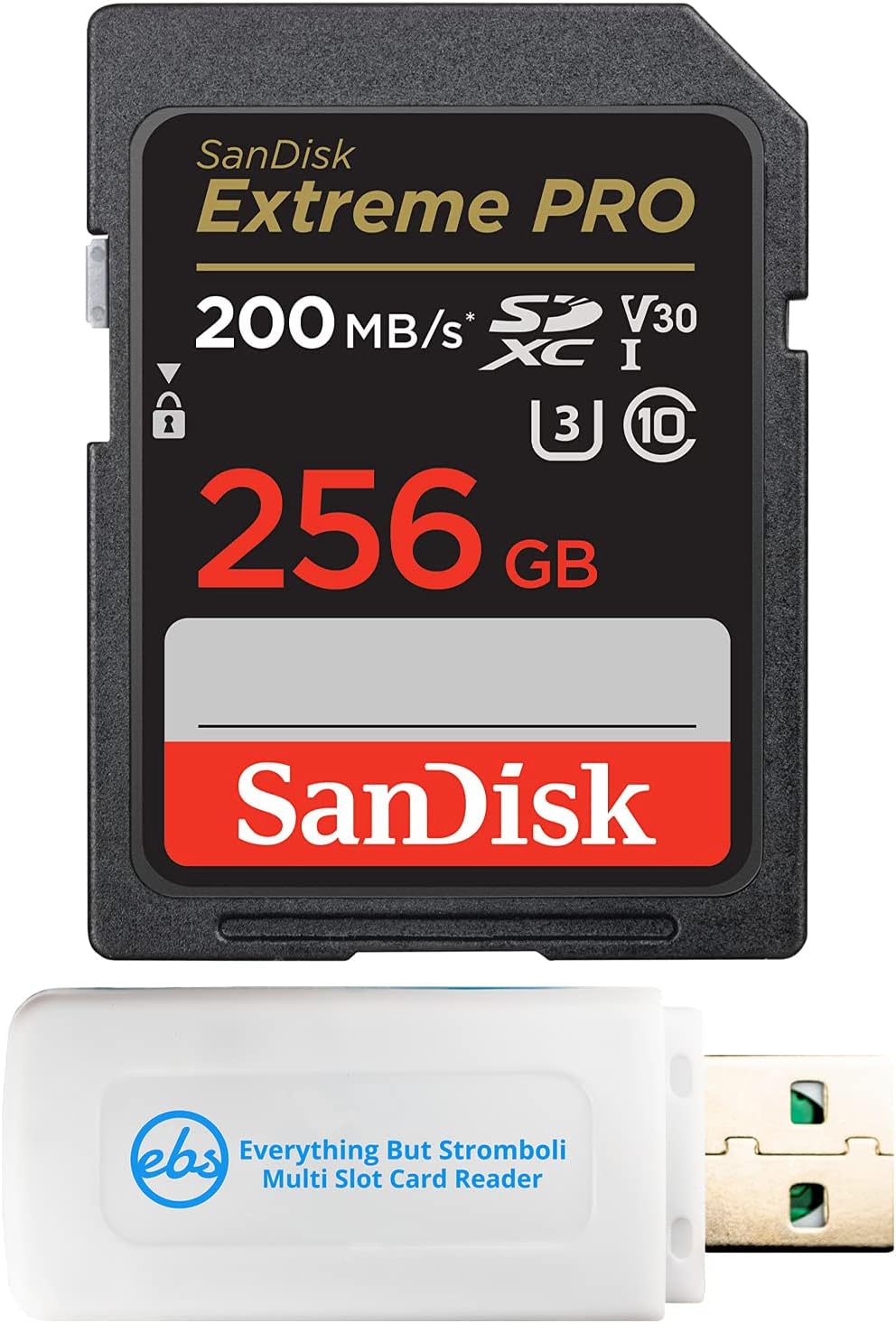 SanDisk 256GB SDXC Extreme Pro Memory Card Works with Canon Mirrorless Camera EOS R50, EOS R8 (SDSDXXY-256G-GN4IN) V30 4k Class 10 UHS-I Bundle with 1 Everything But Stromboli MicroSD & SD Card Reader