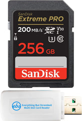 SanDisk 256GB SDXC Extreme Pro Memory Card Works with Canon Mirrorless Camera EOS R50, EOS R8 (SDSDXXY-256G-GN4IN) V30 4k Class 10 UHS-I Bundle with 1 Everything But Stromboli MicroSD & SD Card Reader