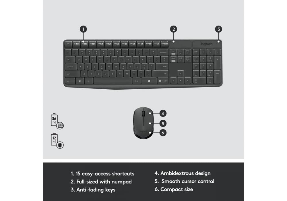 Logitech MK235 Arabic Version Wireless Keyboard and Mouse Combo/Kit for Windows, USB Receiver, 15 FN Keys, Long Battery Life, Compatible with PC, Laptop