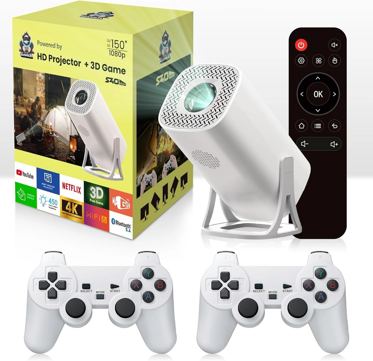 M300 S40 Max Projector Bluetooth Android 11 Proyector With 2 Wireless Controllers Video Games Console Built-in 3000 Games
