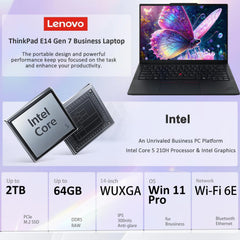 Lenovo ThinkPad E14 Gen 7 Business Laptop, 14" FHD+, Intel Core 5 210H (> i7-1355U), FP, IR Webcam, Backlit KB, Thunderbolt 4, IST Computer Customized 16GB/32GB/64GB RAM, 512GB/1TB/2TB SSD, Win 11 Pro