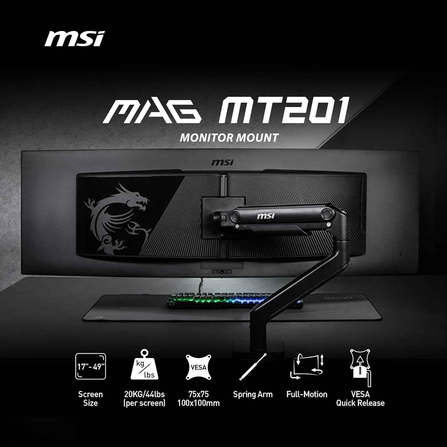 MAG MT201 - Premium Heavy Duty Single Monitor Stand Arm, Supports 17-49" Screens and 44 lbs, VESA Compatible, Adjustable Spring Assisted Mount, Clamp & Grommet, Quick Release Plate - Black