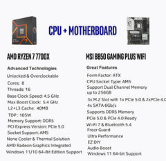 Micro Center AMD Ryzen 7 7700X CPU Processor with MSI B850 Gaming Plus WiFi Motherboard (ATX, AM5, DDR5, PCIe 5.0, M.2 Gen5, Wi-Fi 7, 5G LAN)