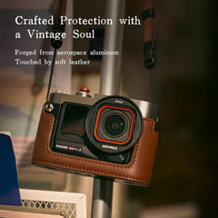 MOVMAX Vintage Camera Cage for Insta360 Ace Pro 2 with Carrying Strap, Aluminum Alloy Metal Case with Retro Soft Leather, Cold Shoe, Insta 360 Ace Pro 2 Accessories