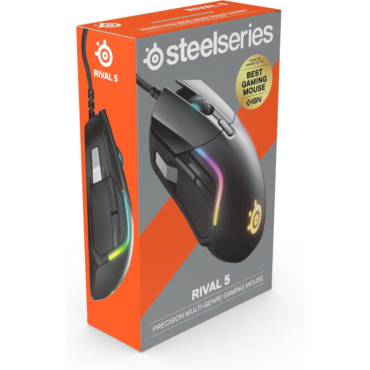 SteelSeries Rival 5 Wired Prism RGB Lighting TrueMove Optical Sensor Ergonomic Gaming Mouse, 18000 CPI, Golden Micro IP54 Switches
