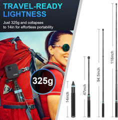 3m Extended Carbon Fiber Invisible Selfie Stick for Insta360 Insta 360 X5 X4/X3/ACE/ACE PRO/ACE PRO 2, ONE RS/X2/R/X, for DJI OSMO 360 Camera Accessories (14 to 118") (Black)