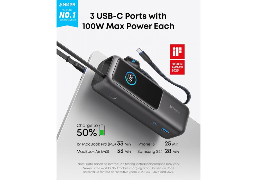 Anker Laptop Power Bank, 25000mAh Portable Charger with Triple 165W USB-C Ports for Multi-Device Charging, Built-in and Retractable Cables - 18 Month Warranty