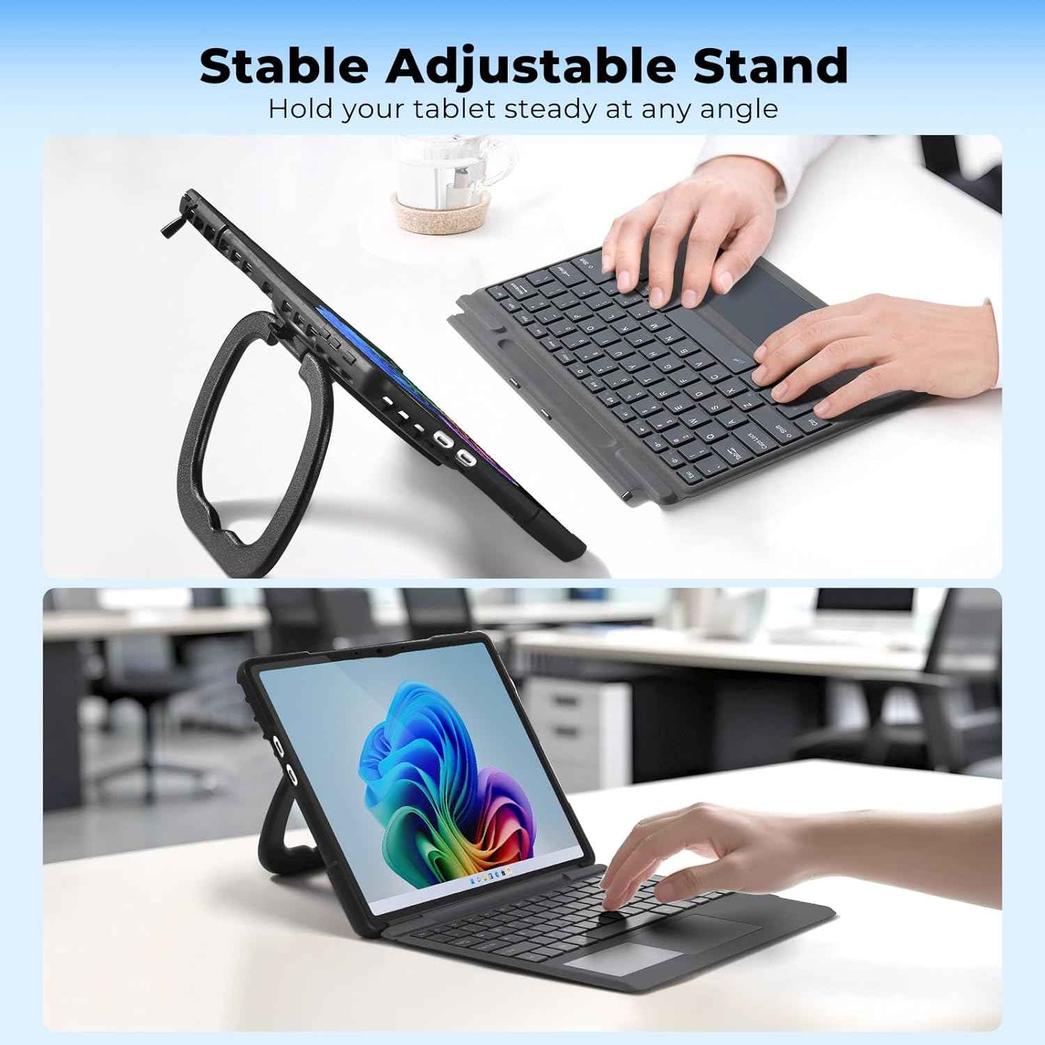 Surface Pro 11 Case with Keyboard, Screen Protector Set 13-inch 2025, Shockproof Cover for Microsoft Surface Pro 9/10/11 with Rotatable Grip/Stand, Wireless Touchpad Type Cover Keyboard-Black