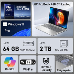 HP ProBook 460 G11 Business AI Laptop, Intel Core Ultra 7 155U Processor, 16" FHD+ Anti-Glare, 64GB DDR5, 2TB SSD, Fingerprint, 1080p FHD Webcam, Backlit, HDMI, Wolf Security, Windows 11 Pro