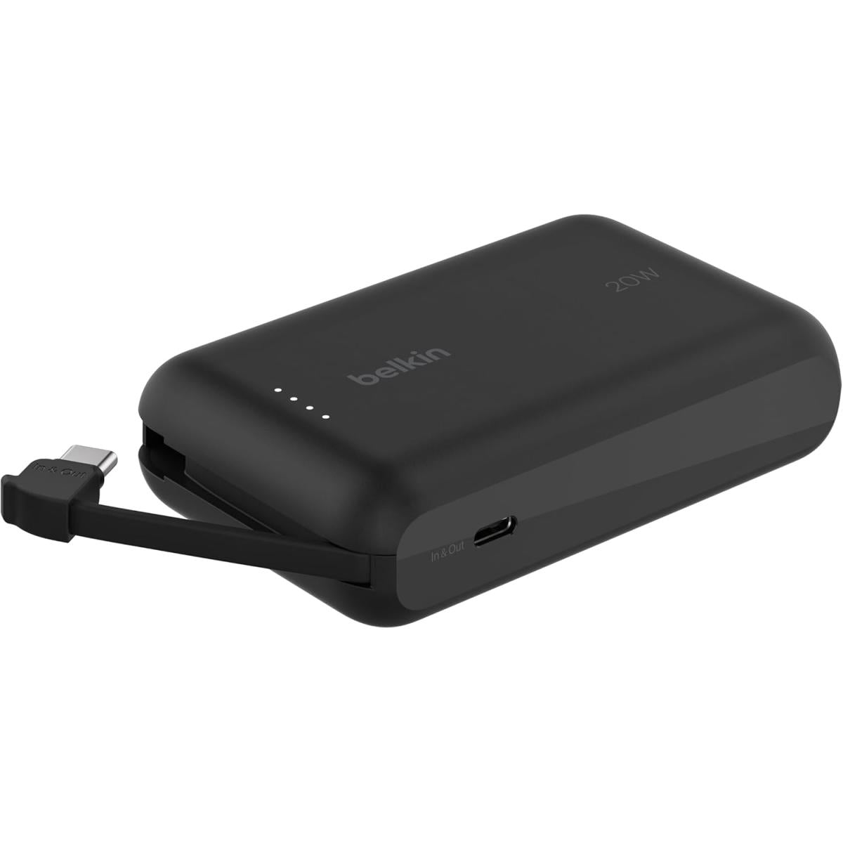Belkin BoostCharge power bank 10000mAh, portable power bank with integrated cable PD 20W, fast charge USB-C power delivery, power bank fast charging for iPhone 16 series, iPad Pro, Galaxy S24 and more - Black