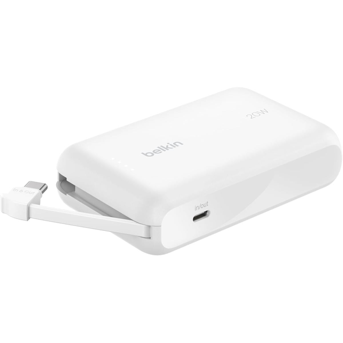 Belkin BoostCharge power bank 10000mAh, portable power bank with integrated cable PD 20W, fast charge USB-C power delivery, power bank fast charging for iPhone 16 series, iPad Pro, Galaxy S24 and more - White