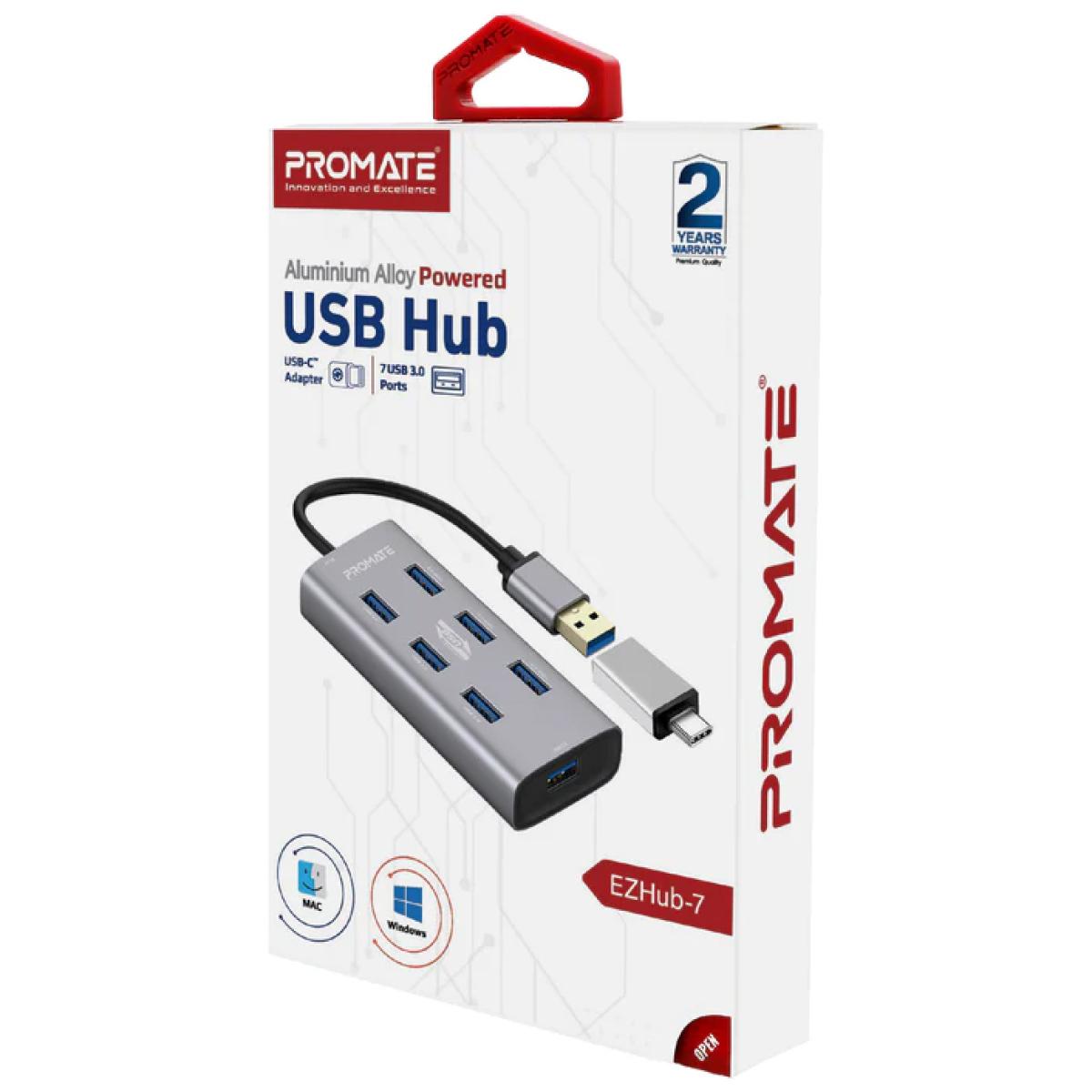 Promate Ezhub 7 7 In 1 Aluminium Alloy Powered Usb Hub 7 Usb 3.0 Ports Usb C Adaptor 5gbps Transfer Rate Data & Charge