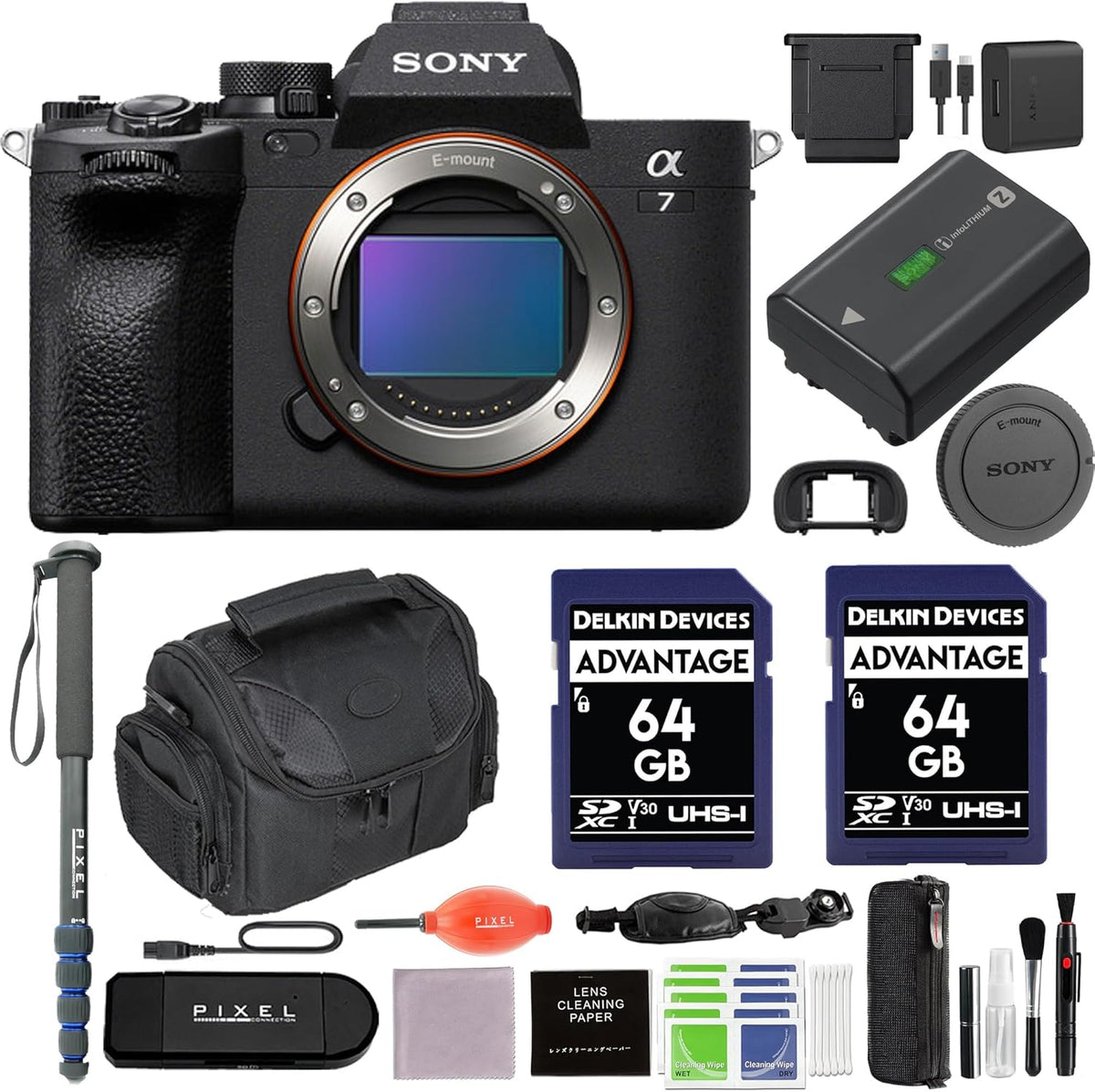a7 IV Mirrorless Digital Camera Bundle with Gadget Bag, 64GB SD Card (2Pc), Monopod, Hand/Wrist Strap + More | Sony Alpha 7 IV
