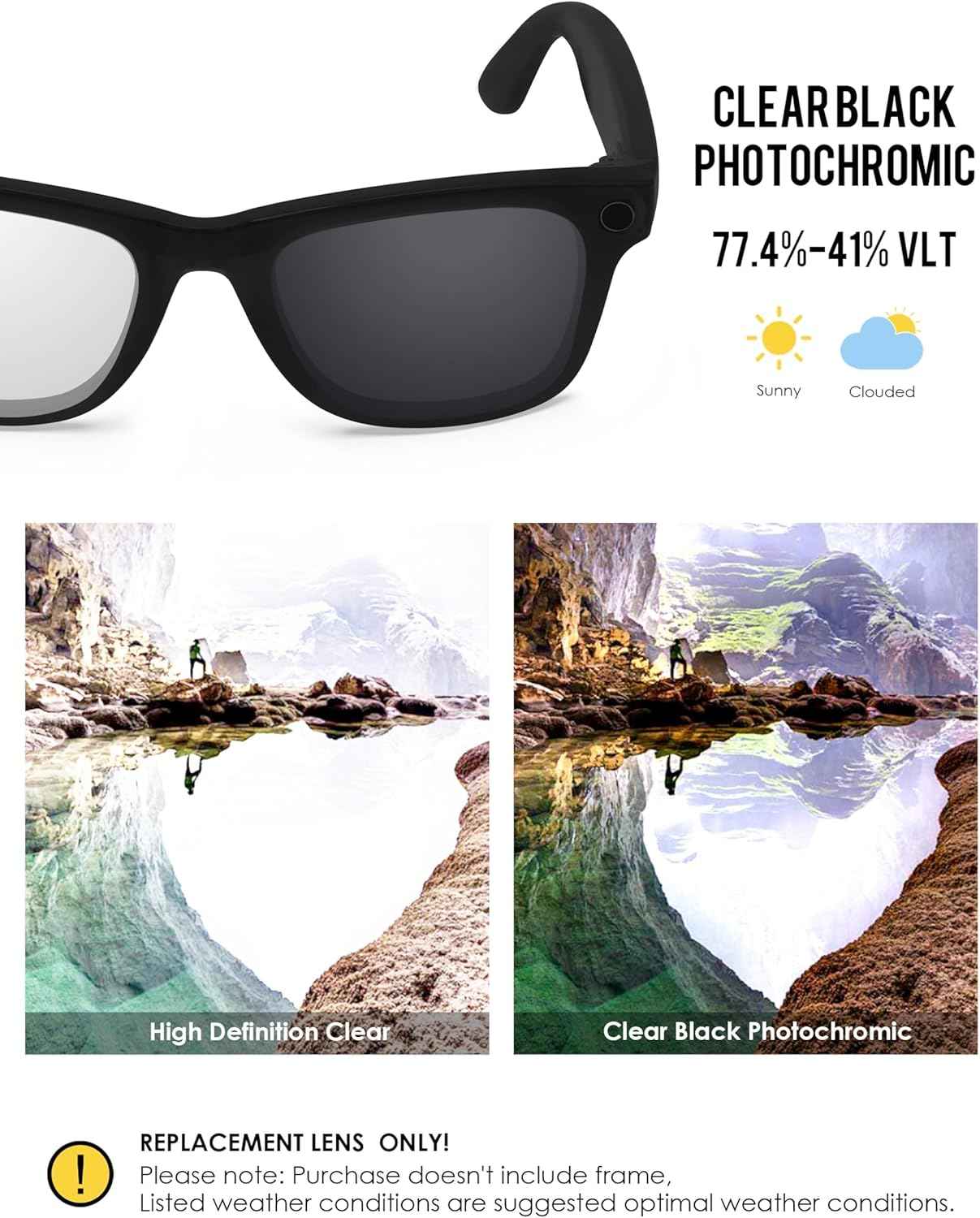 Photochromic Replacement Lenses Compatible with Ray-Ban Meta Wayfarer RW4006 | RW4012 (Gen 2) 50mm Smart Glasses