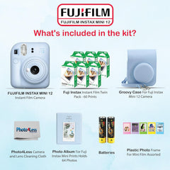 Instax Mini 12 Instant Camera Bundle with Fujifilm Instax Mini Instant Film Value Pack (60 Sheets) with Accessories Including Protective Case, Strap, Photo Album (Pastel Blue)