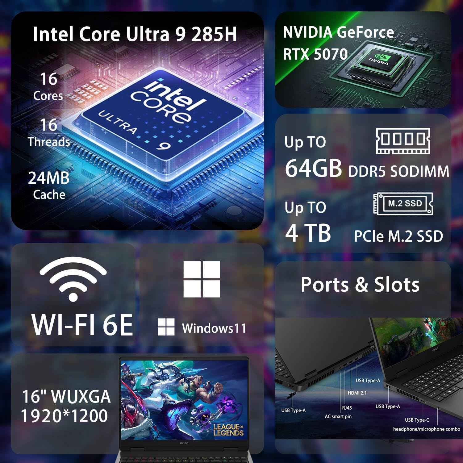 OMEN 16" Gaming Laptop Computer, Intel Ultra 9 285H 16-Core, NVIDIA GeForce RTX 5070 8GB, 16GB DDR5, 1TB PCIe SSD, 144Hz IPS WUXGA Display, WiFi 6E, RGB Backlit Keyboard, Windows 11, USB-C Hub