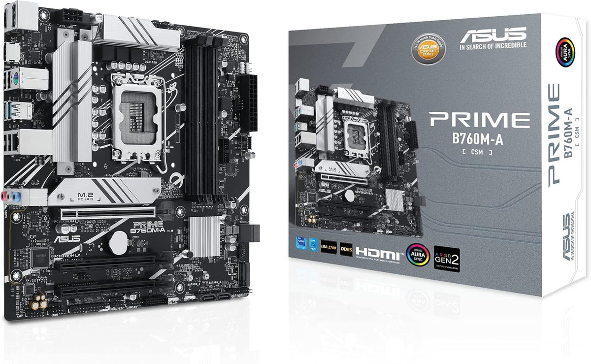Prime B760M-A-CSM Intel B760 (LGA 1700) mATX CSM Commercial Motherboard PCIe 4.0, DDR5, 2X M.2, 2.5Gb LAN, DP, 2X HDMI™, SATA 6 Gbps, USB 3.2 Type-C, Aura Sync, ASUS Control Center Express