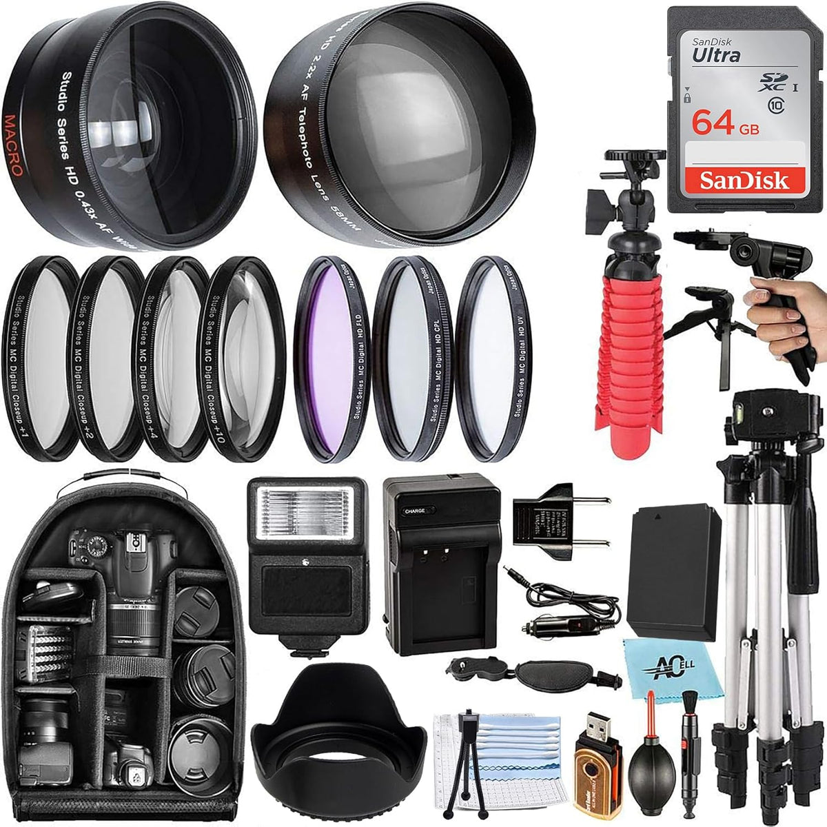 58mm Accessory Bundle for Canon EOS Rebel T7, T6, T5, T3, T100, 4000D, 2000D, 3000D and More with 64GB SanDisk Memory Card, Wide Angle Lens, Telephoto Lens, Tripod, Backpack, SDAB210412