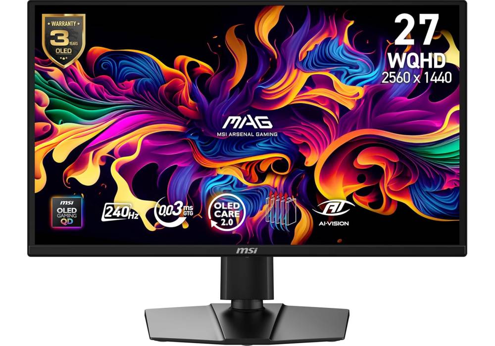 MSI MAG 272QP QD‑OLED X24 – 27" WQHD 2K Gaming Monitor, 240Hz, 0.03ms Response, HDR400, G‑SYNC/FreeSync, USB‑C 15W PD, Wide Color Gamut