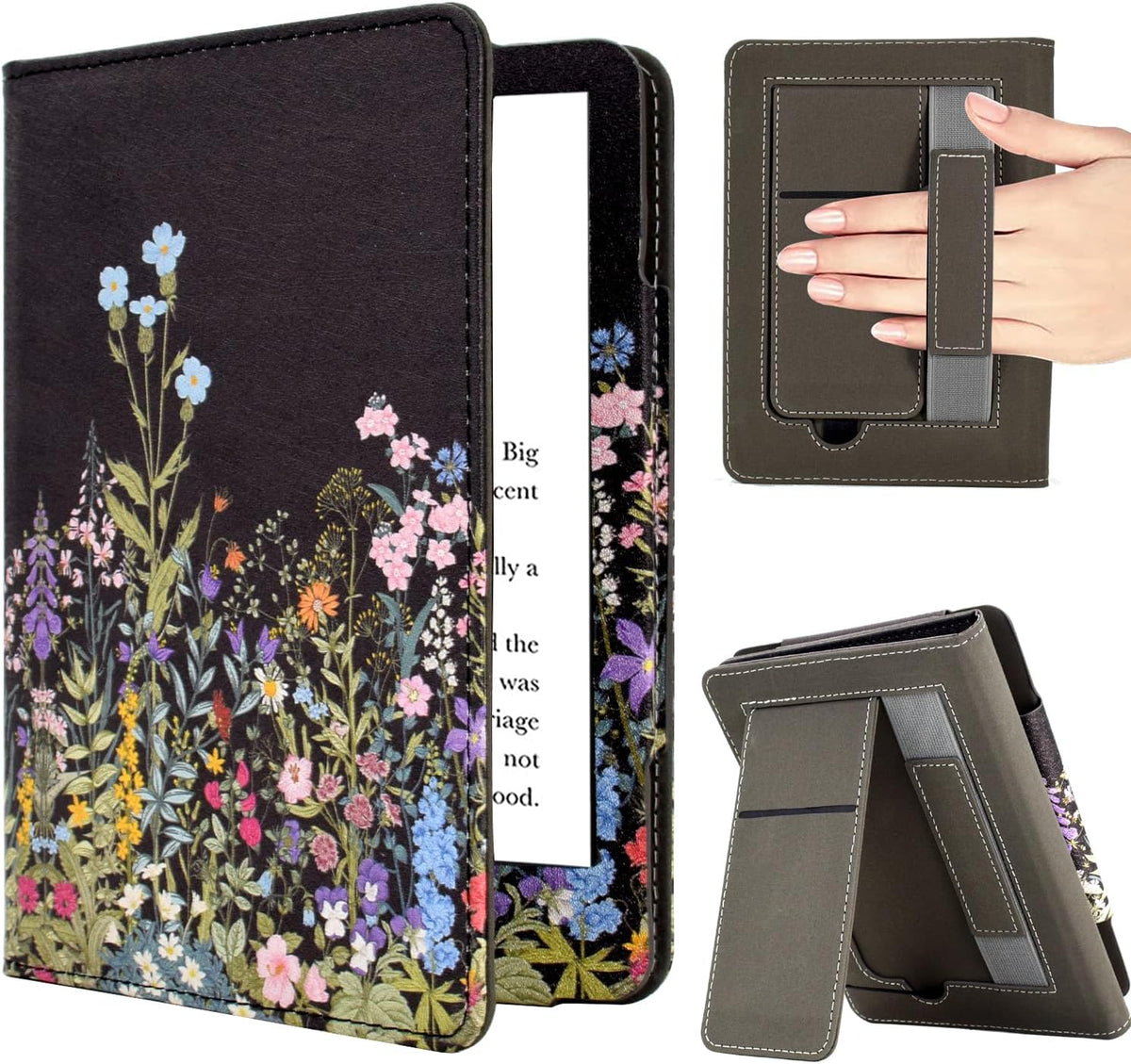 Case for 7"/6.8" Kindle Paperwhite (12th/11th Gen, 2024/2021), Kindle Colorsoft Signature Edition Case, PU Leather Foldable Stand Cover with Hand Strap & Auto Wake/Sleep, Flowers