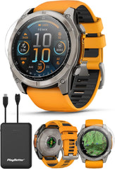 Garmin Fenix 8 AMOLED Sapphire (51mm, Titanium/Spark Orange) Multisport GPS Smartwatch Bundle - 1.4” Touchscreen, Built-in LED Flashlight Portable Charger & Screen Protectors