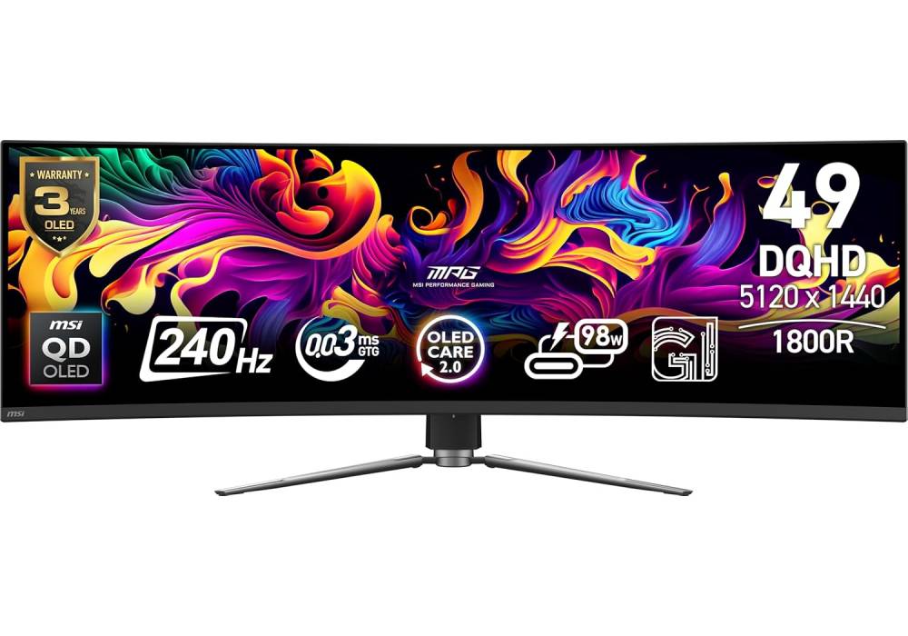 MSI MPG 491CQPX QD-OLED 49-inch QD-OLED 5120 x 1440 (DQHD) Computer Monitor, 240Hz, Adaptive-Sync, HDMI, Display Port, VGA Port, VESA Mountable, Tilt, Height Adjustable, Speaker, 0.03ms, Black