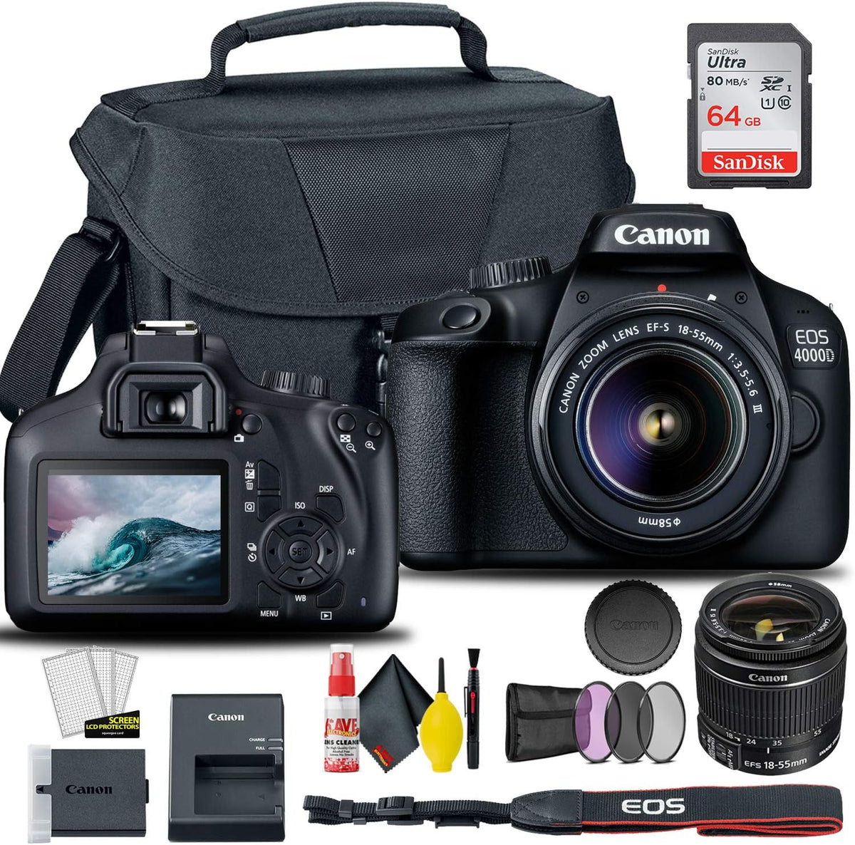 Canon EOS 4000D / Rebel T100 DSLR Camera with 18-55mm Lens + Creative Filter Set, EOS Camera Bag + Sandisk Ultra 64GB Card + 6AVE Electronics Cleaning Set, and More (International Model)