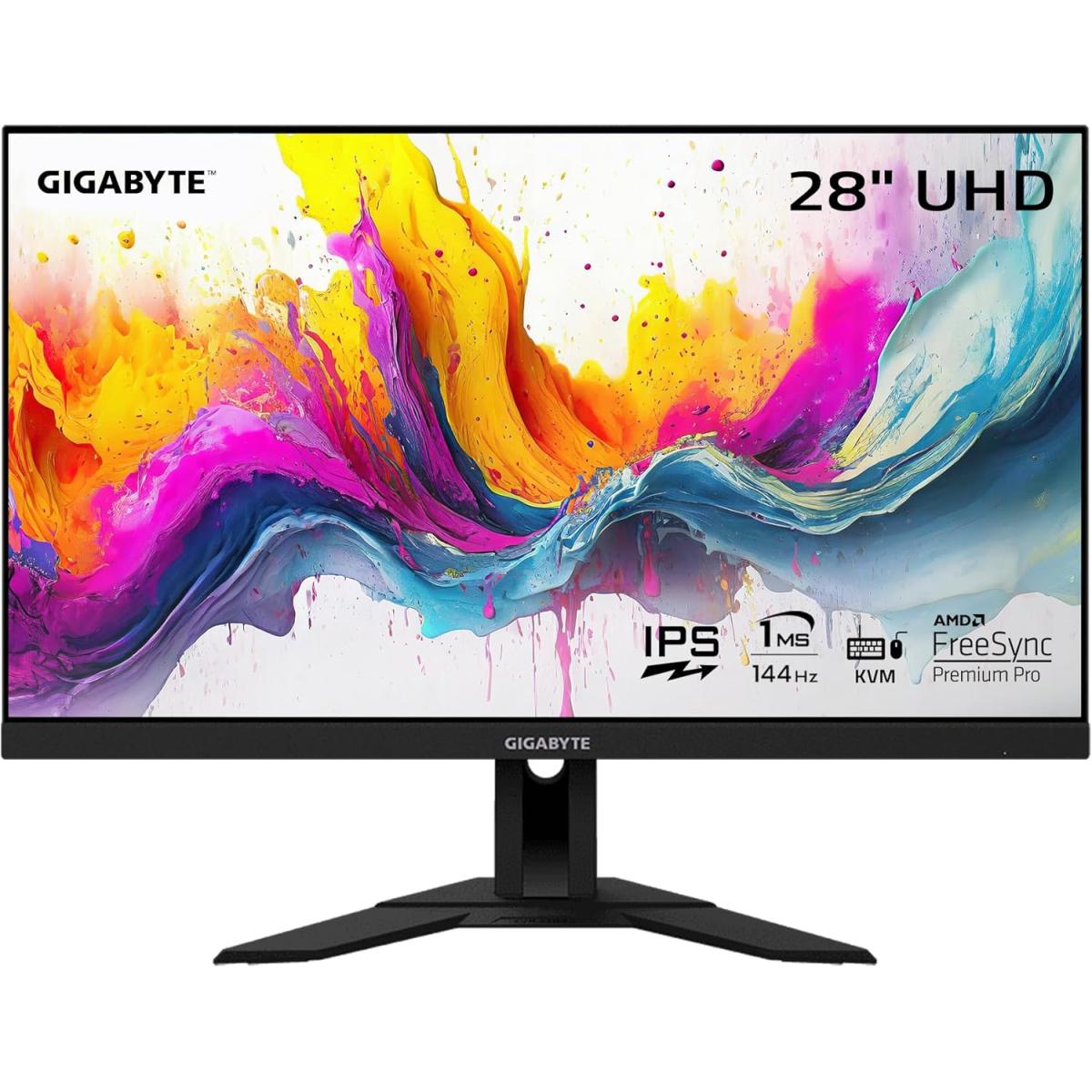 GIGABYTE 28" 4K UHD (3840 x 2160) Flat Gaming Monitor, SS IPS, 144Hz,1ms GTG, 120% sRGB, HDMI 2.1 w/ Ergonomic Stand, USB Type-C, KVM & Speakers | M28U | - CompuMe