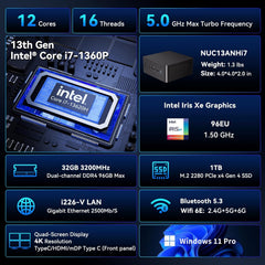 Intel NUC 13 PRO， for ASUS NUC 13 Pro NUC13ANHi7 Arena Canyon, 13TH Gen CPU, 32GB RAM 1TB SSD, Core i7-1360P, Win 11 Pro Mini Desktop Computer, 8K， Thunderbolt 4/WiFi-6/VESA for Business/Office/Home