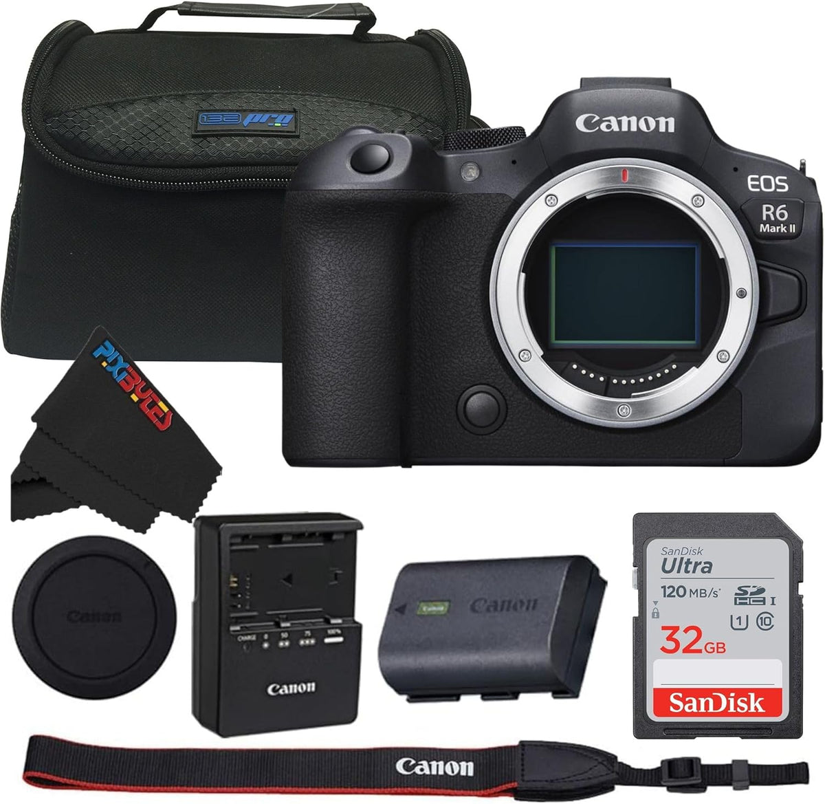 Canon EOS R6 Mark II Mirrorless Camera with PIXIBYTES Microfiber Cleaning Cloth (Camera Body + Basic Bundle)