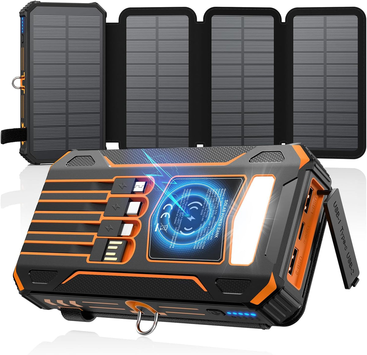 Solar Charger Power Bank - 48000mAh Wireless Portable Charger Built-in 4 Cables and 4 Solar Panels, PD QC 3.0 Fast Charging USB C Battery Pack with Flashlight for Camping Travel