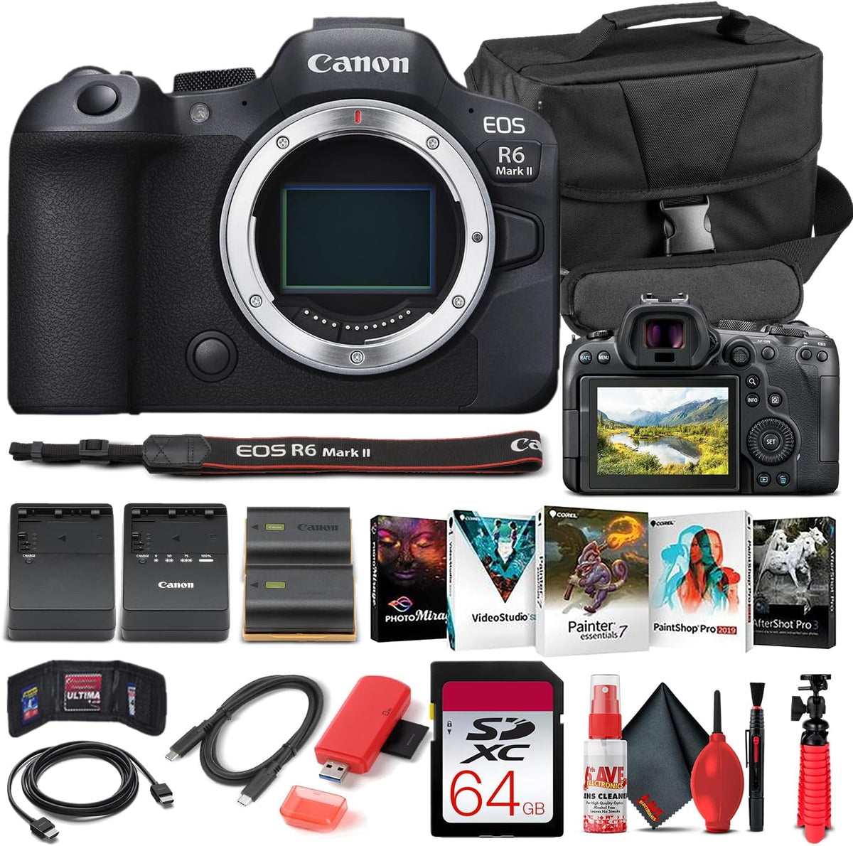 Canon EOS R6 Mark II Mirrorless Camera (5666C002) + Canon RF 24-70mm Lens + 64GB Memory Card + Case + Corel Photo Software + LPE6 Battery + Card Reader + More (INTL. Model)