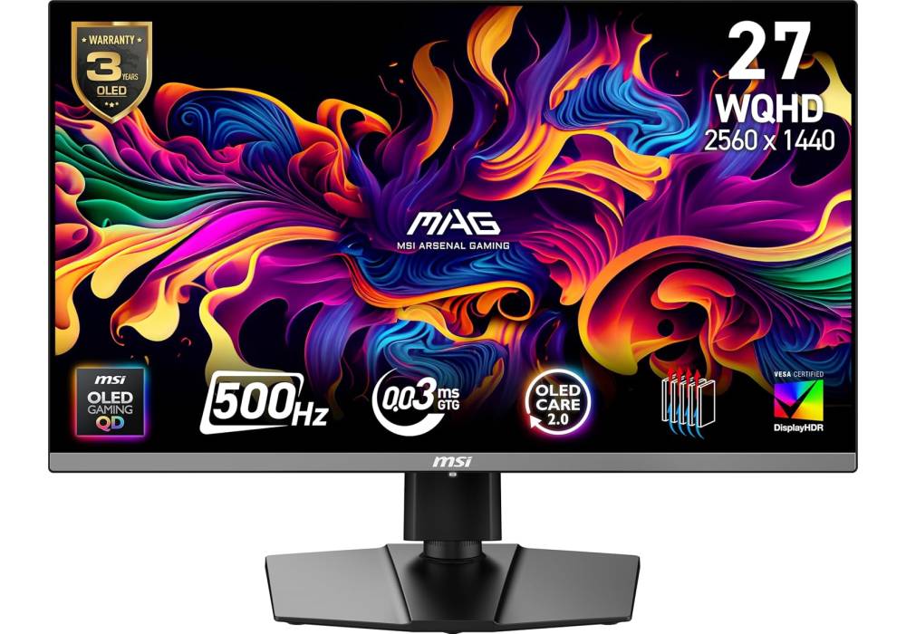 MSI MAG 272QP QD-OLED X50 - 26.5" Gaming Monitor, 2K WQHD, 500Hz, HDR True Black 500, G‑SYNC & FreeSync Premium Pro, 3 Year Warranty
