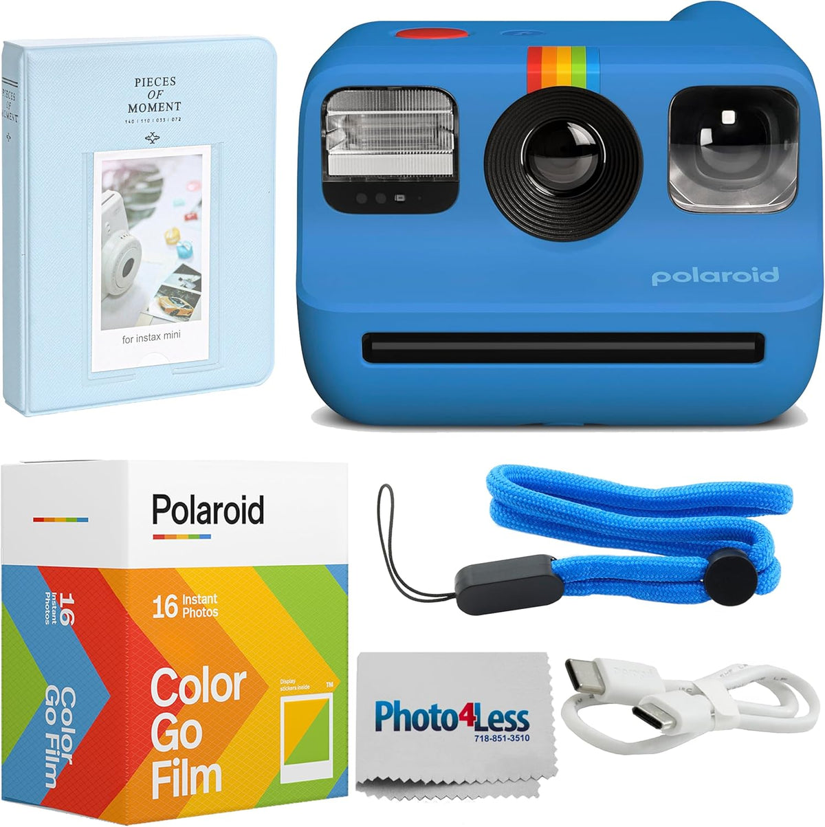 Go Generation 2 Instant Film mini Camera (Blue) Bundled with Polaroid GO Color Film Double Pack, Photo Album (Holds 64 Photos), Lens Cleaning Cloth