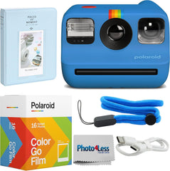 Go Generation 2 Instant Film mini Camera (Blue) Bundled with Polaroid GO Color Film Double Pack, Photo Album (Holds 64 Photos), Lens Cleaning Cloth