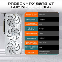 Radeon™ RX 9070 XT Gaming OC ICE 16G Graphics Card (16GB GDDR6, 256-bit, PCIe 5.0, HDMI/DP 2.1, 2.7 Slot, Hawk Fan, Server-Grade Thermal Gel, Reinforced Structure)